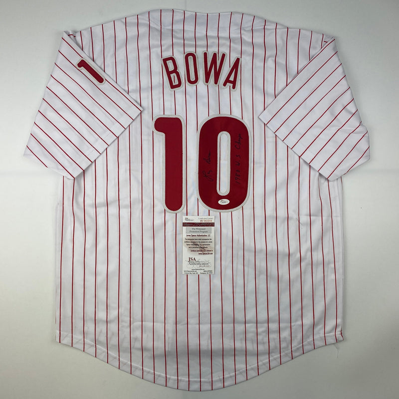 Autographed/Signed Larry Bowa 1980 WS Champs Philadelphia Pinstripe Baseball Jersey JSA COA