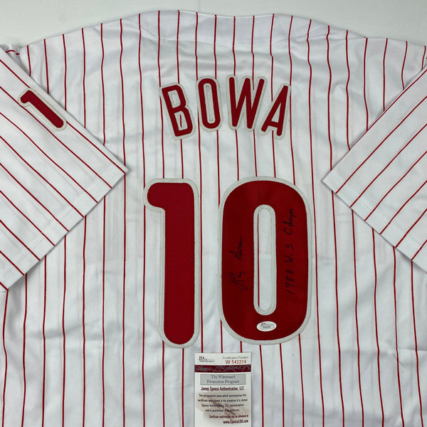 Autographed/Signed Larry Bowa 1980 WS Champs Philadelphia Pinstripe Baseball Jersey JSA COA