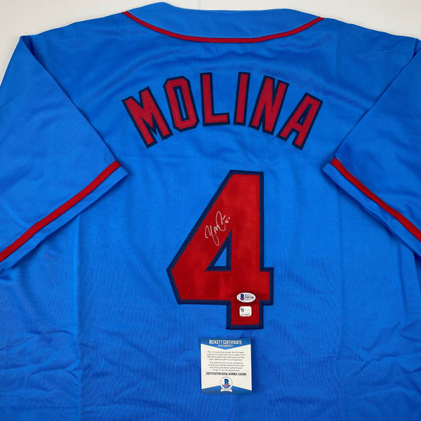 Autographed/Signed Yadier Molina St. Louis Blue Baseball Jersey Beckett BAS COA