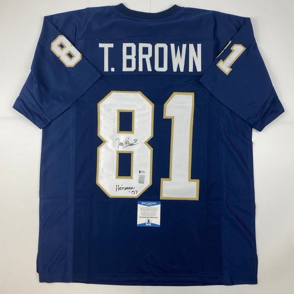 Autographed/Signed Tim Brown Heisman 87 Notre Dame Blue College Football Jersey Beckett BAS COA