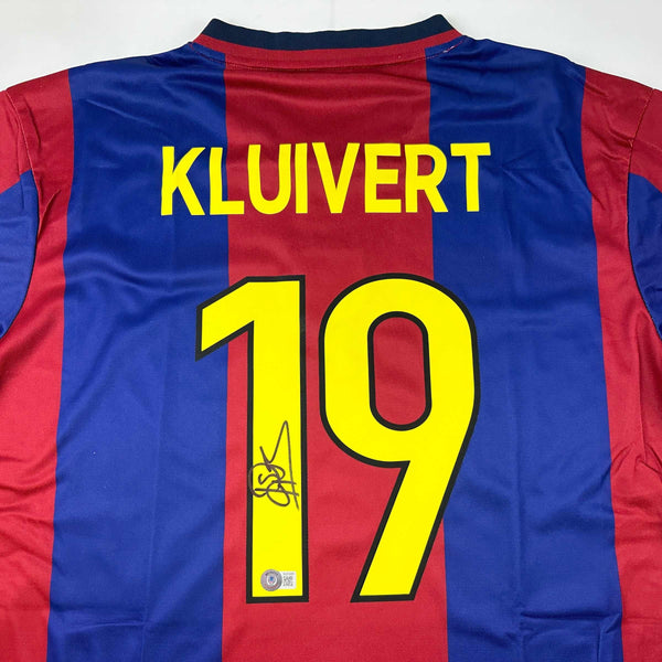 Autographed/Signed Patrick Kluivert FC Barcelona Blue Soccer Jersey Beckett BAS COA