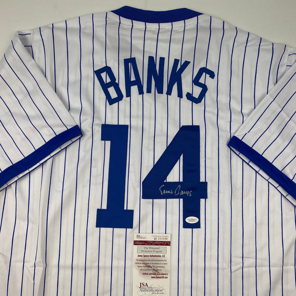 Autographed/Signed Ernie Banks Chicago Pinstripe Baseball Jersey JSA COA
