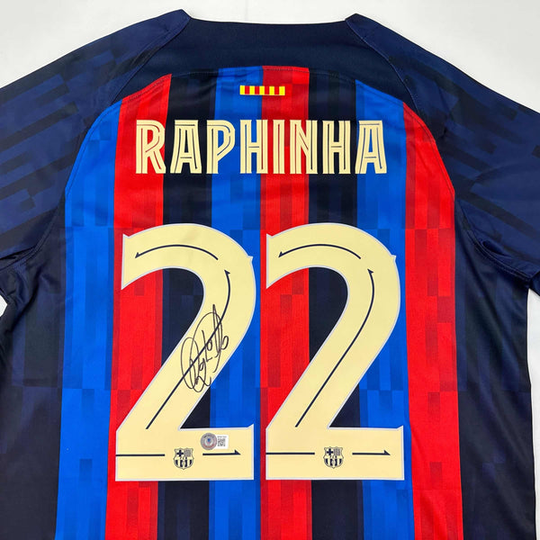 Autographed/Signed Raphinha Raphael Belloli FC Barcelona Blue Soccer Jersey Beckett BAS COA