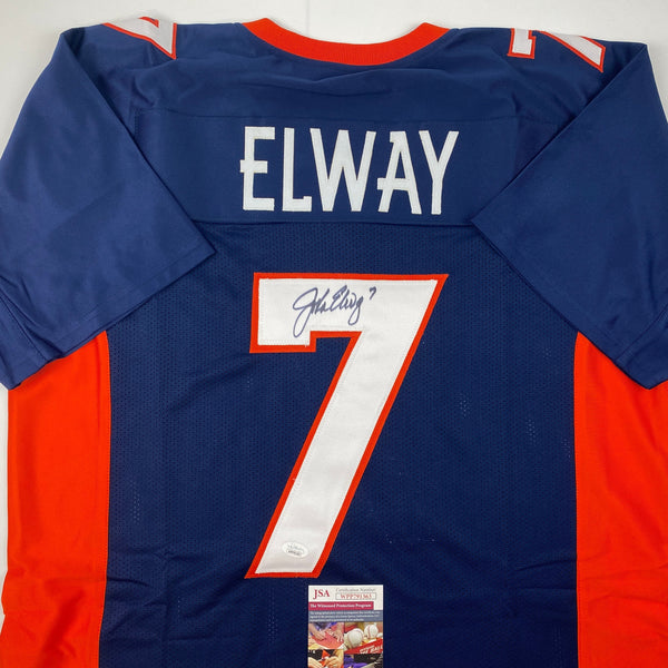 Autographed/Signed John Elway Denver Blue Football Jersey JSA COA