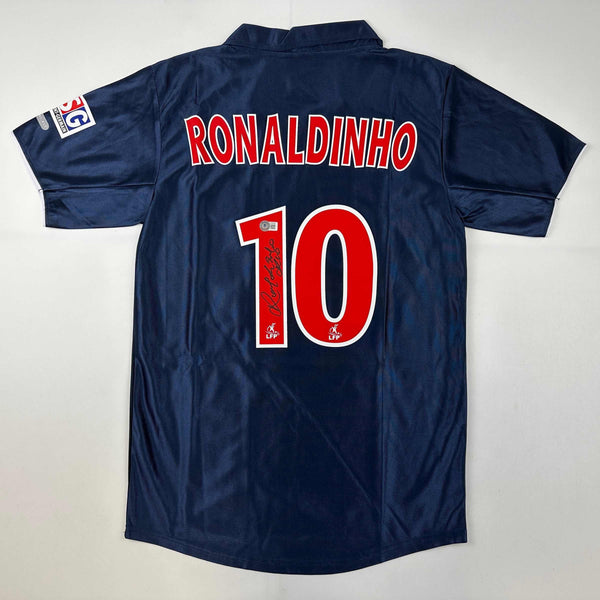 Autographed/Signed Ronaldinho PSG Paris Saint Germain Blue Soccer Futbol Jersey Beckett BAS COA