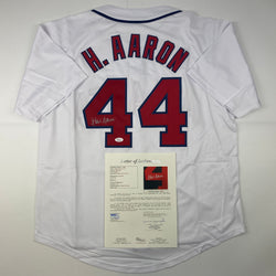 Autographed/Signed Hank Henry Aaron Atlanta White Baseball Jersey JSA COA/LOA