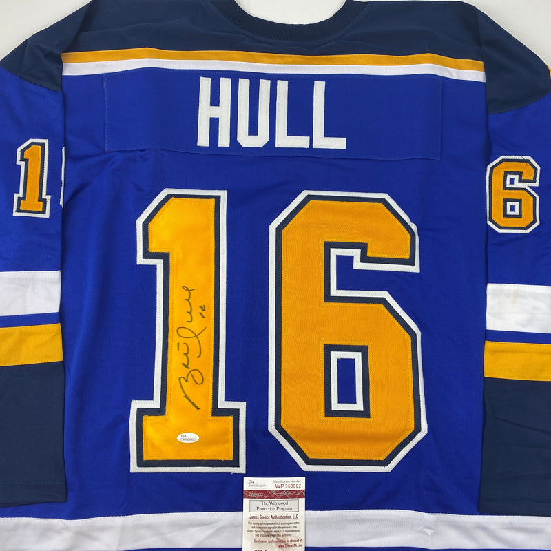 Autographed/Signed Brett Hull St. Louis Blue Yellow Numbers Hockey Jersey JSA COA