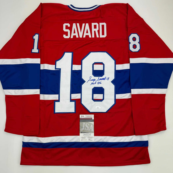 Autographed/Signed Serge Savard HOF 86 Montreal Red Hockey Jersey JSA COA