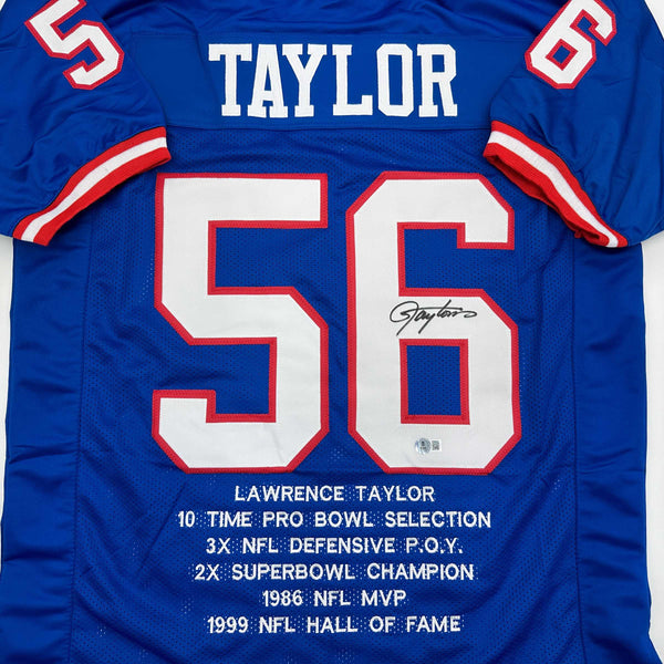 Autographed/Signed Lawrence Taylor New York Blue Stat Football Jersey Beckett BAS COA