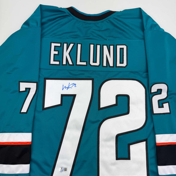 Autographed/Signed William Eklund San Jose Teal Hockey Jersey Beckett BAS COA