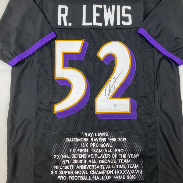 Autographed/Signed Ray Lewis Baltimore Black Stat Football Jersey Beckett BAS COA