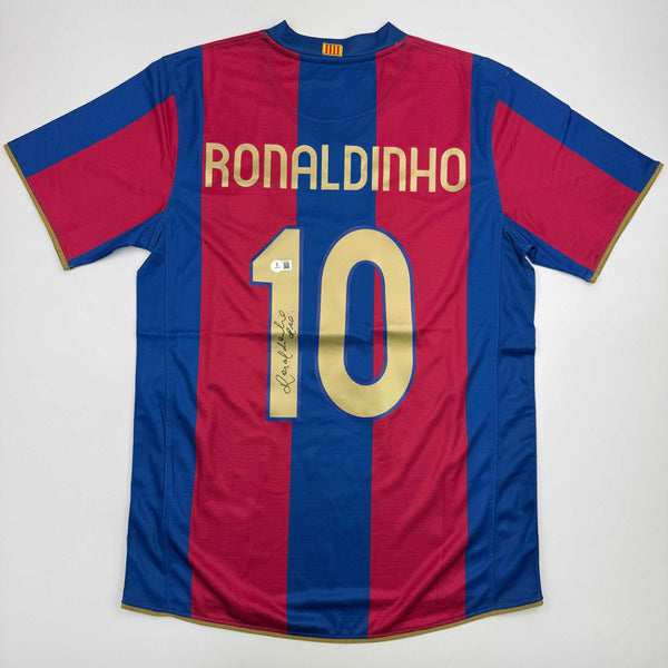 Autographed/Signed Ronaldinho Barcelona Blue/Red Soccer Jersey Beckett BAS COA