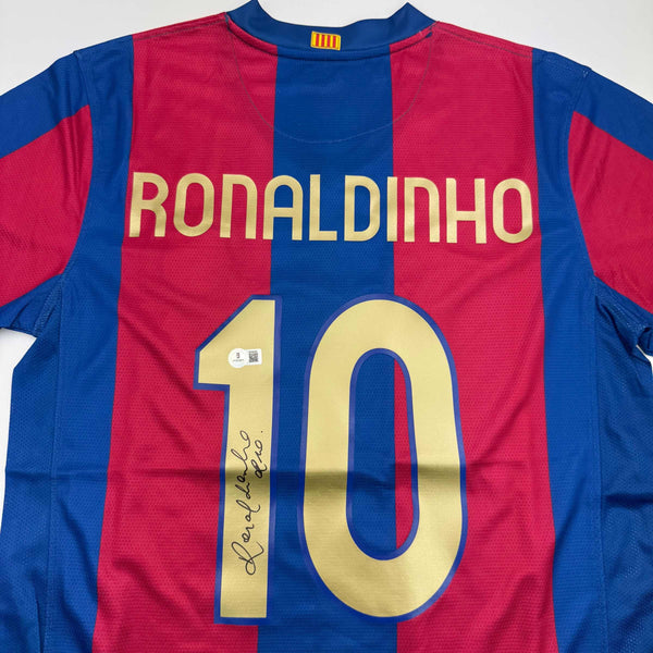 Autographed/Signed Ronaldinho Barcelona Blue/Red Soccer Jersey Beckett BAS COA