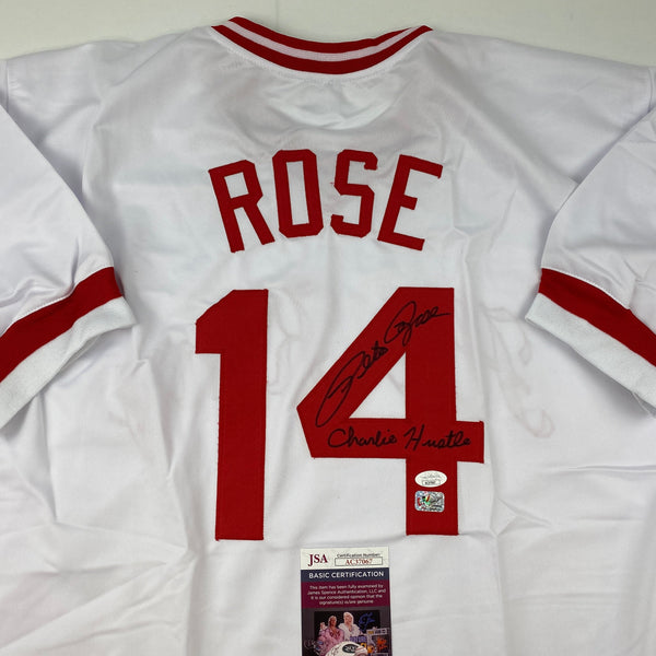 Autographed/Signed Pete Rose Inscribed Charlie Hustle Cincinnati White Baseball Jersey JSA COA