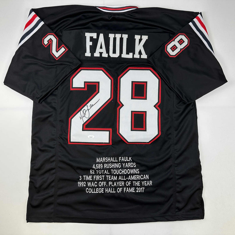 Autographed/Signed Marshall Faulk San Diego State Black Stat College Football Jersey JSA COA