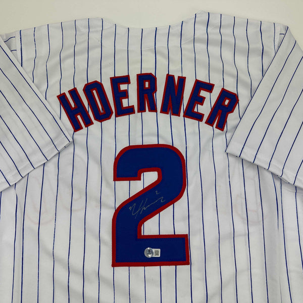 Autographed/Signed Nico Hoerner Chicago Pinstripe Baseball Jersey Beckett BAS COA