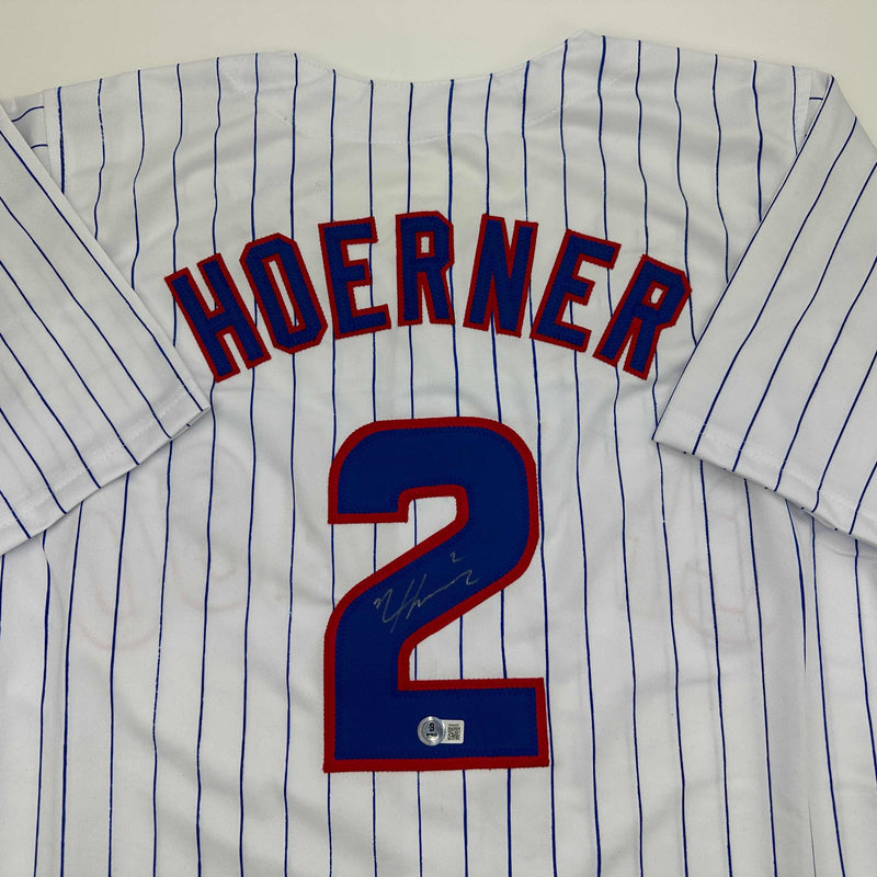 Autographed/Signed Nico Hoerner Chicago Pinstripe Baseball Jersey Beckett BAS COA