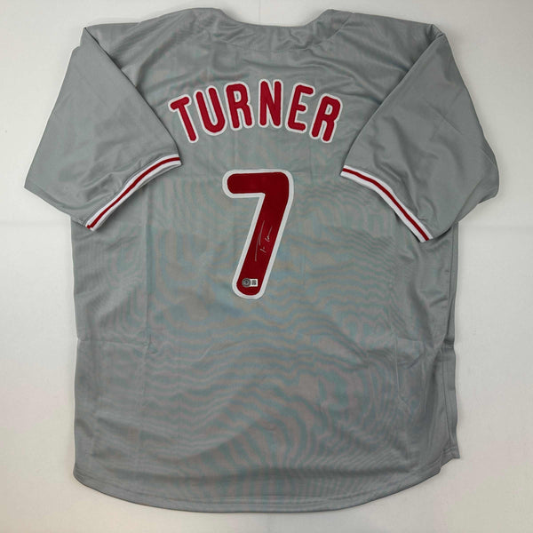 Autographed/Signed Trea Turner Philadelphia Grey Baseball Jersey Beckett BAS COA