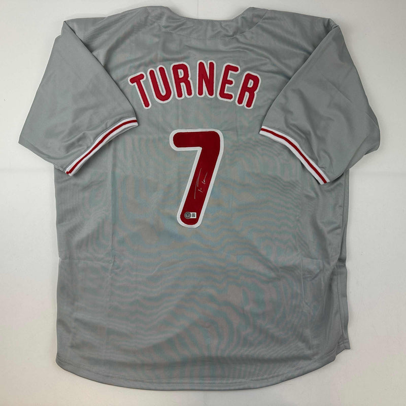 Autographed/Signed Trea Turner Philadelphia Grey Baseball Jersey Beckett BAS COA