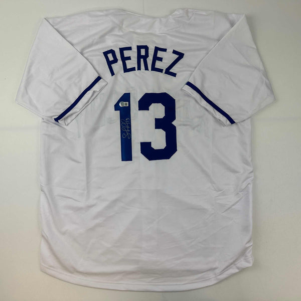 Autographed/Signed Salvador Perez Kansas City White Baseball Jersey Beckett BAS COA