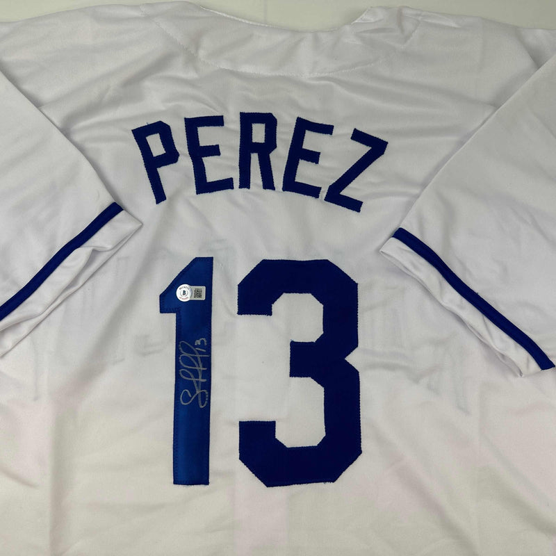 Autographed/Signed Salvador Perez Kansas City White Baseball Jersey Beckett BAS COA