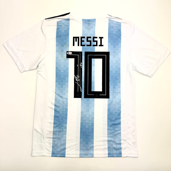 Autographed/Signed Lionel Leo Messi Argentina Blue/White Soccer Jersey Beckett BAS COA