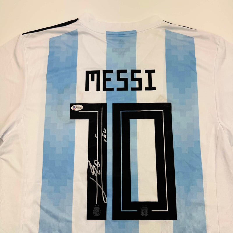 Autographed/Signed Lionel Leo Messi Argentina Blue/White Soccer Jersey Beckett BAS COA
