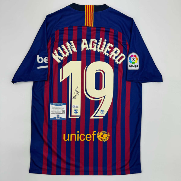 Autographed/Signed Sergio Kun Aguero FC Barcelona Red/Blue Soccer Futbol Jersey Beckett BAS COA #2