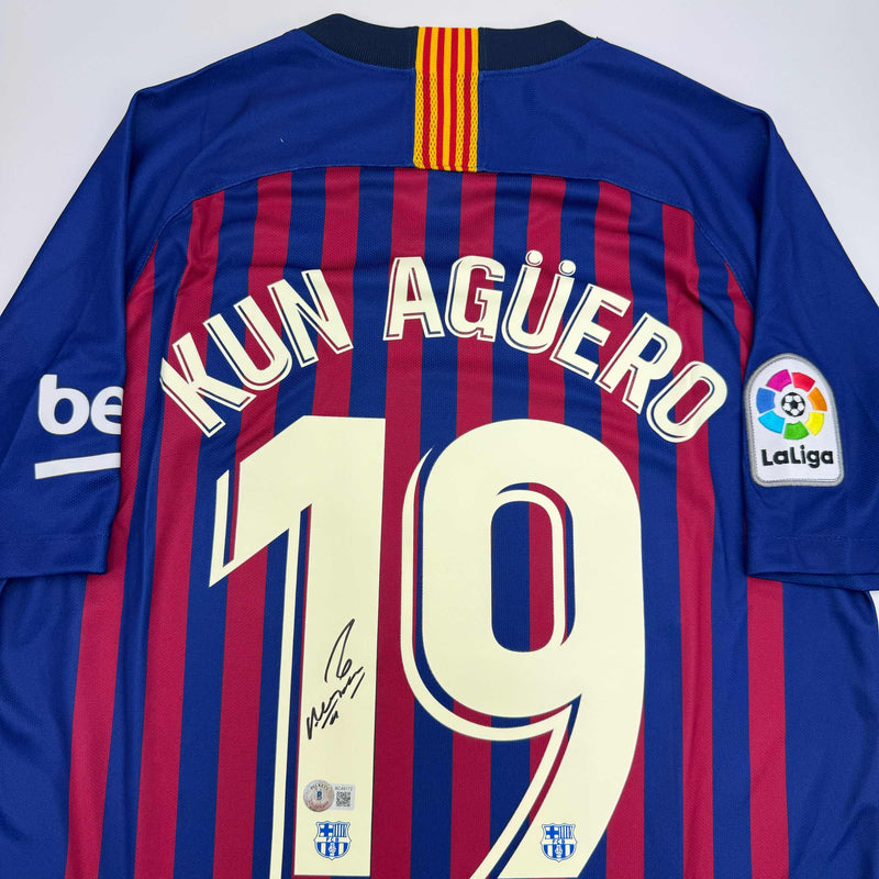 Autographed/Signed Sergio Kun Aguero FC Barcelona Red/Blue Soccer Futbol Jersey Beckett BAS COA #2