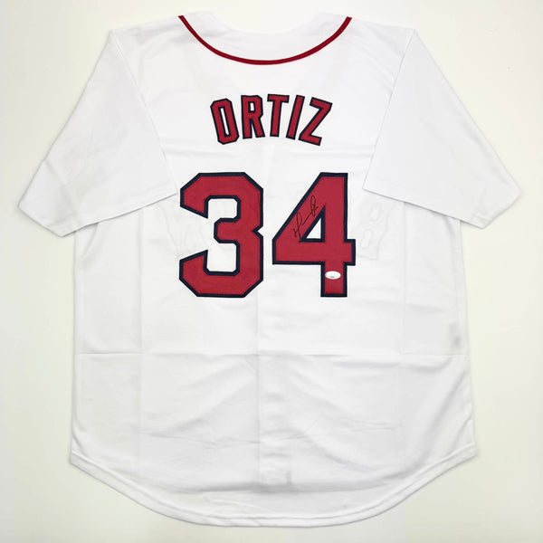 Autographed/Signed David Ortiz Boston White Baseball Jersey JSA COA