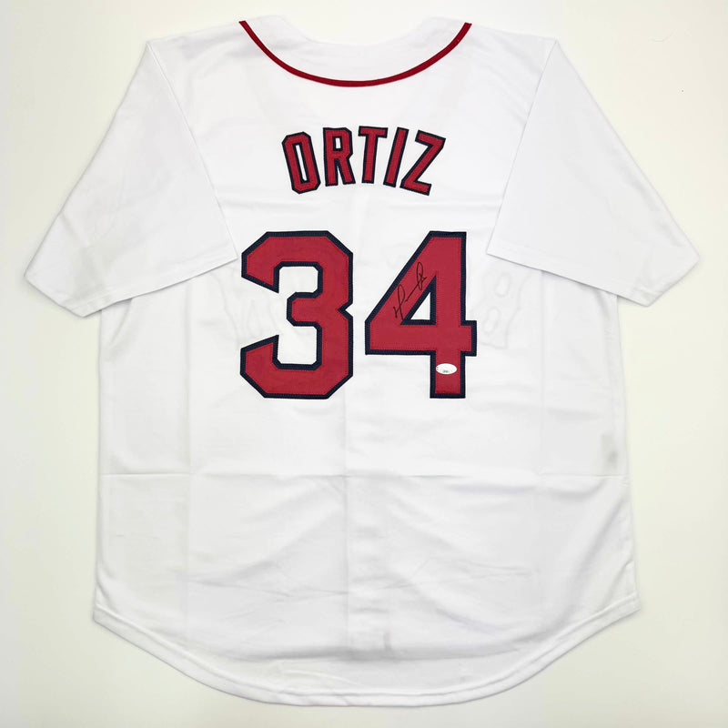 Autographed/Signed David Ortiz Boston White Baseball Jersey JSA COA