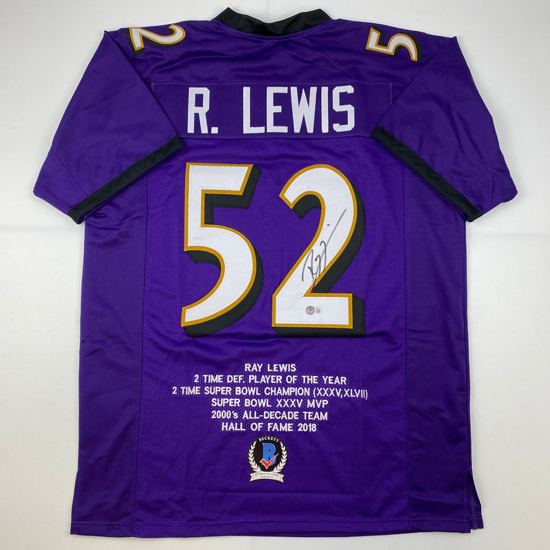 Autographed/Signed Ray Lewis Baltimore Purple Stat Football Jersey Beckett BAS COA