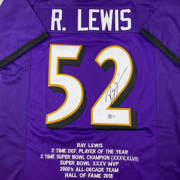 Autographed/Signed Ray Lewis Baltimore Purple Stat Football Jersey Beckett BAS COA