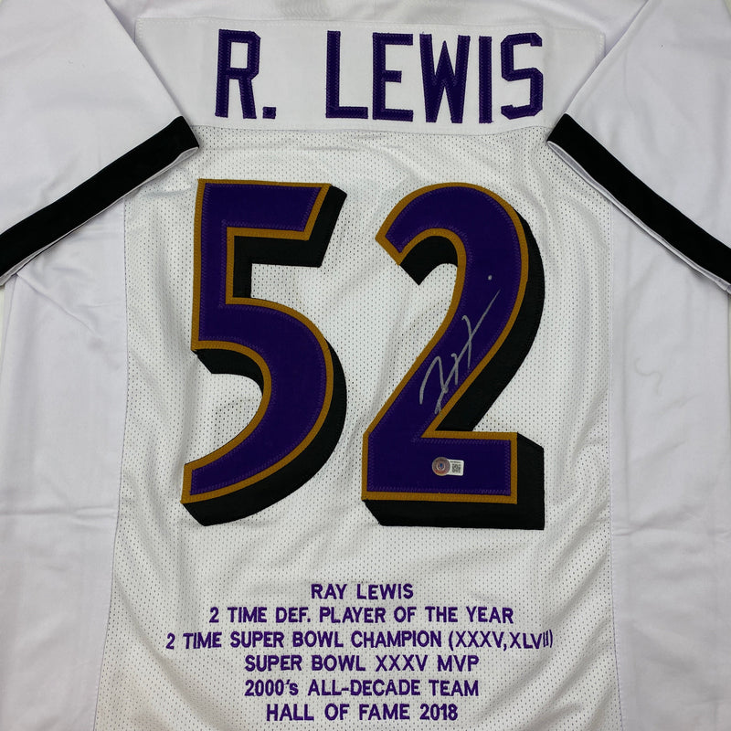 Autographed/Signed Ray Lewis Baltimore White Stat Football Jersey Beckett BAS COA