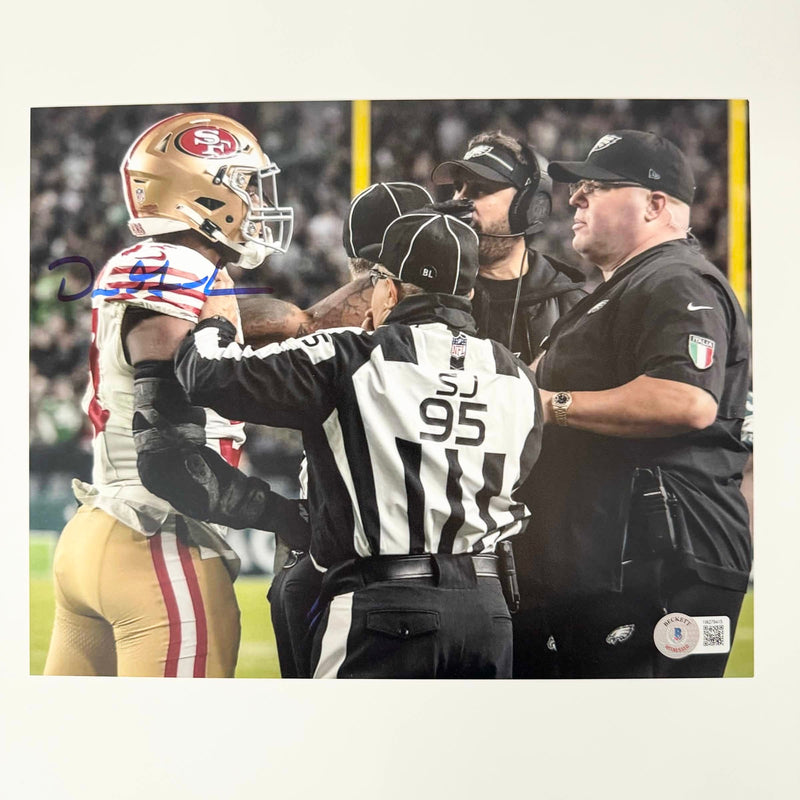 Autographed/Signed Dre Greenlaw vs Big Dom San Francisco 49ers 8x10 Football Photo Beckett BAS COA