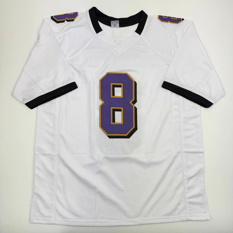 Autographed/Signed Lamar Jackson Baltimore White Block Football Jersey JSA COA