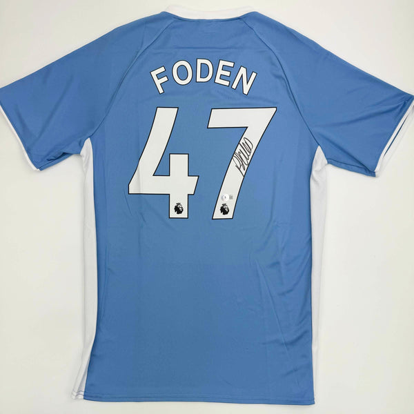Autographed/Signed Phil Foden Manchester City Blue Soccer Futbol Jersey Beckett BAS COA #2