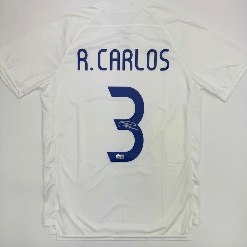 Autographed/Signed Roberto Carlos Real Madrid White Soccer Jersey Beckett BAS COA