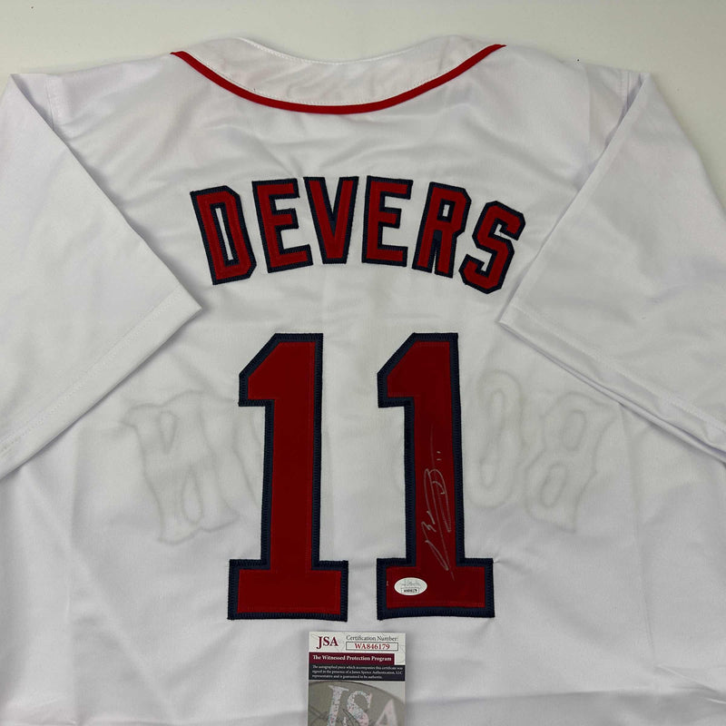 Autographed/Signed Rafael Devers Boston White Baseball Jersey JSA COA
