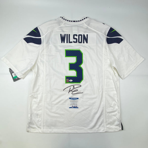 Autographed/Signed Russell Wilson Seattle Seahawks White Authentic Football Jersey Beckett BAS COA