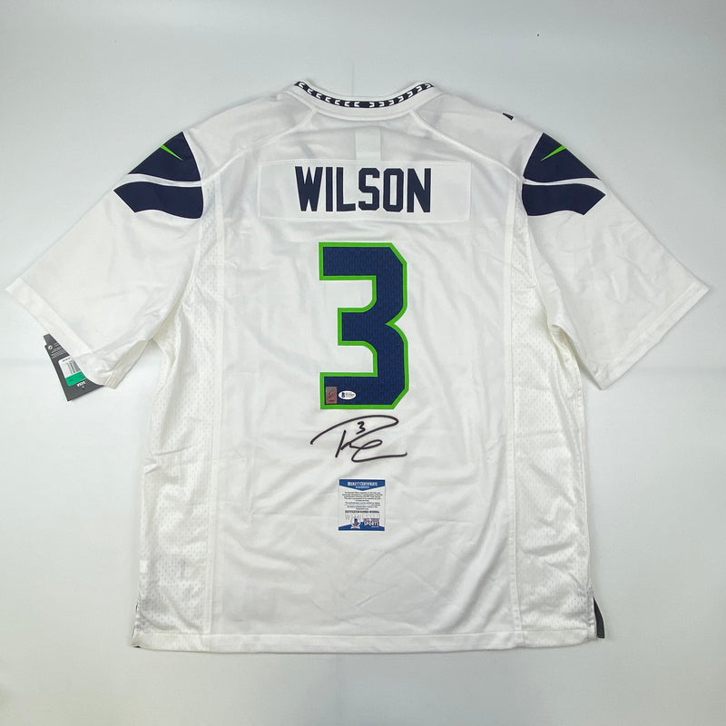 Autographed/Signed Russell Wilson Seattle Seahawks White Authentic Football Jersey Beckett BAS COA