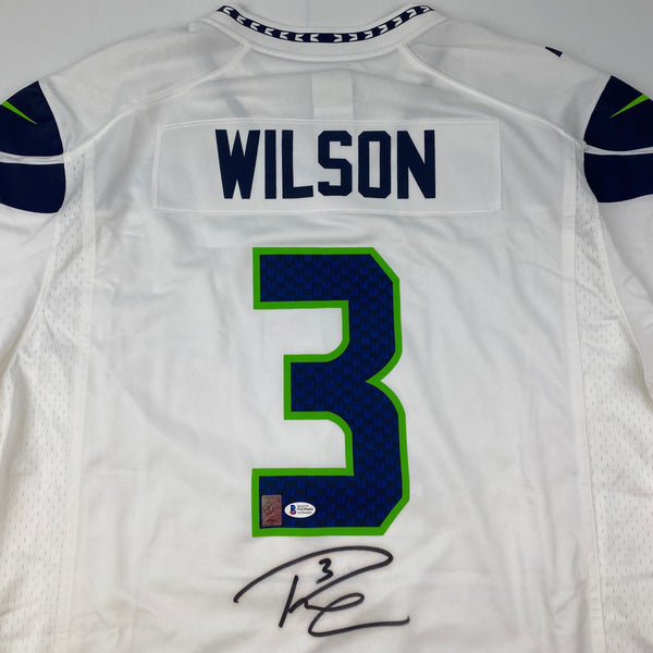 Autographed/Signed Russell Wilson Seattle Seahawks White Authentic Football Jersey Beckett BAS COA