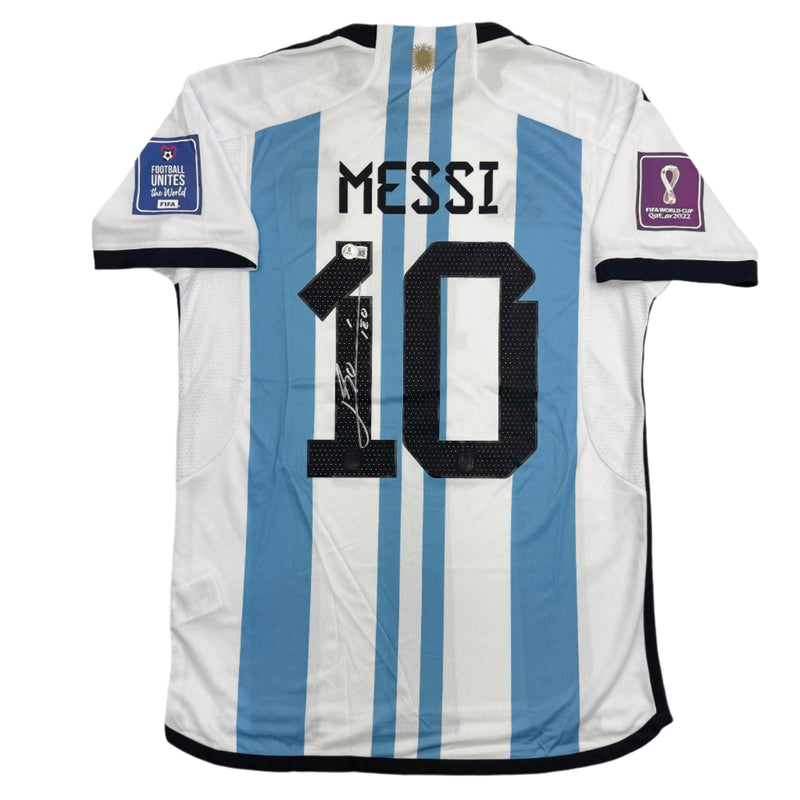 Autographed/Signed Lionel Leo Messi Argentina Blue/White Soccer Jersey Beckett BAS COA