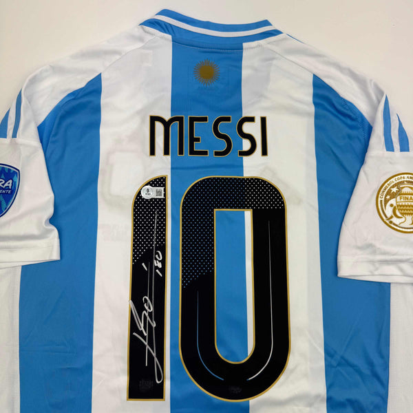 Autographed/Signed Lionel Leo Messi Argentina Blue/White Soccer Jersey Beckett BAS COA
