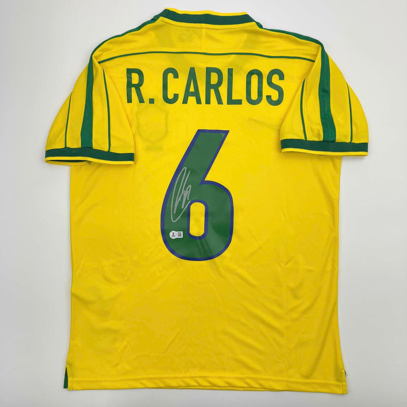 Autographed/Signed Roberto Carlos Brazil Yellow Soccer Jersey Beckett BAS COA