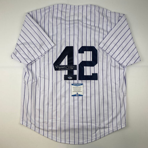 Autographed/Signed Mariano Rivera 1st Unanimous HOF New York Pinstripe Baseball Jersey Beckett BAS COA