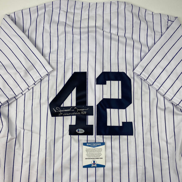 Autographed/Signed Mariano Rivera 1st Unanimous HOF New York Pinstripe Baseball Jersey Beckett BAS COA