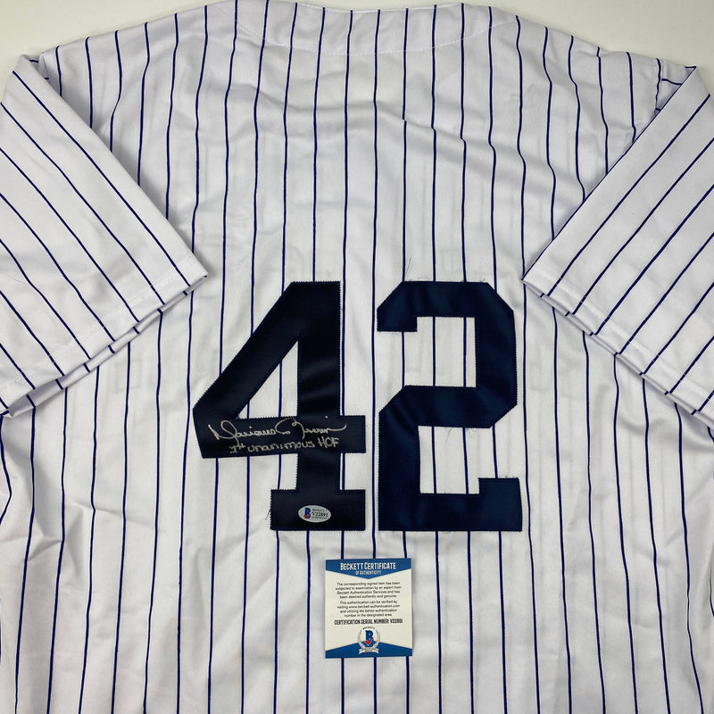 Autographed/Signed Mariano Rivera 1st Unanimous HOF New York Pinstripe Baseball Jersey Beckett BAS COA