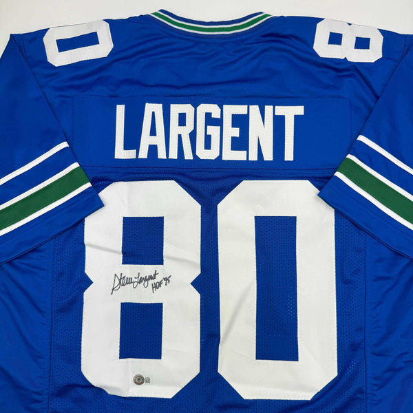 Autographed/Signed Steve Largent HOF 95 Seattle Blue Stat Football Jersey Beckett BAS COA