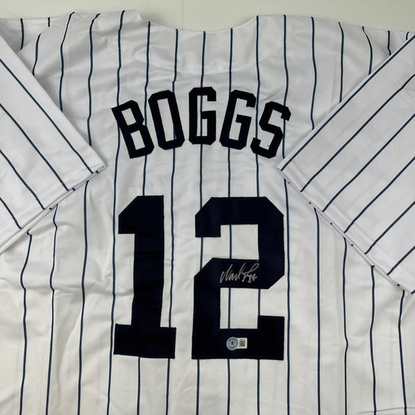 Autographed/Signed Wade Boggs New York Pinstripe Baseball Jersey Beckett BAS COA